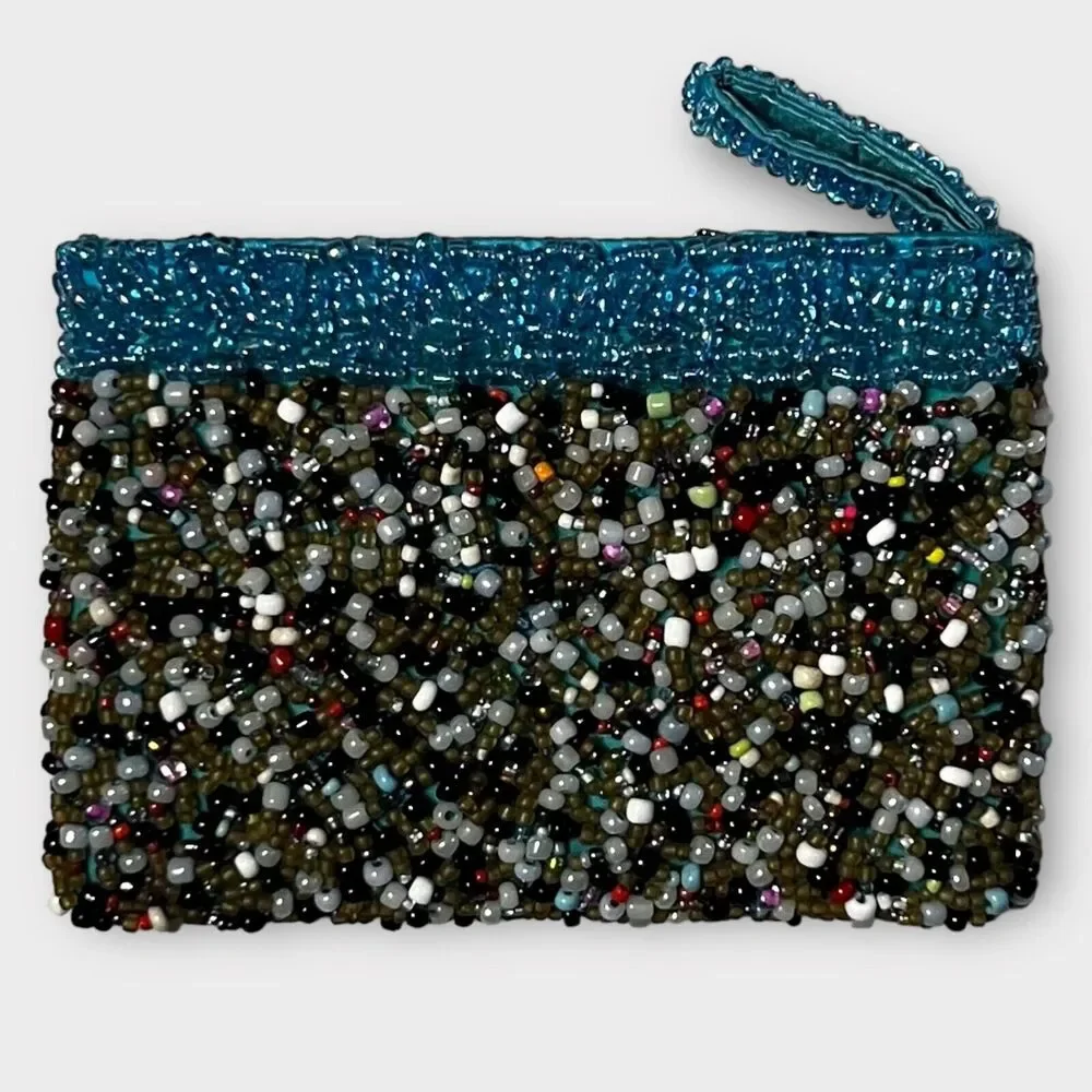 Beaded Blue, Gray, Pearl Zip Top Lined Clutch Purse, Change Purse